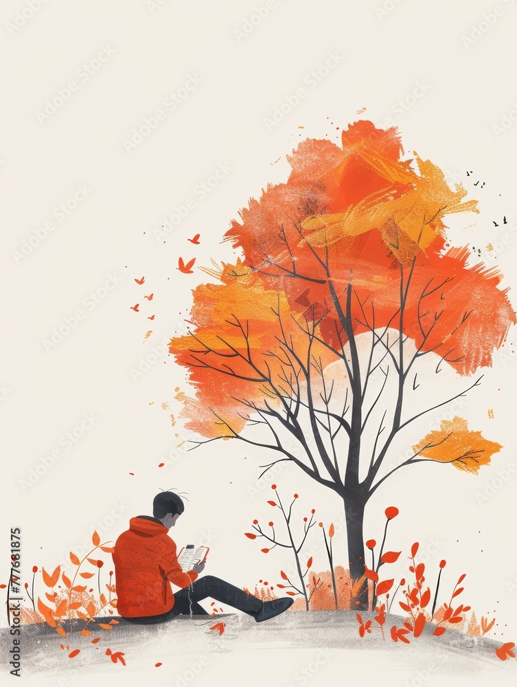 Poster man's journaling moment in a park - aesthetic illustration with minimal background generative ai