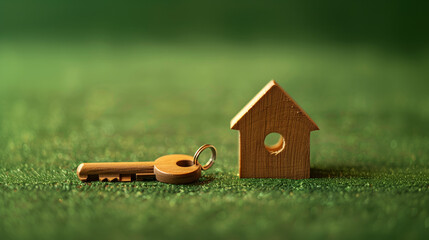 A wooden house figurine with a key next to it, symbolizing homeownership, new rental, or visualizing the concept of moving into a new home. Minimalism. Green background and studio photography.