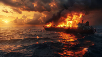 A devastating fire ravages an oil tanker, casting ominous flames and thick smoke across the ocean's surface.