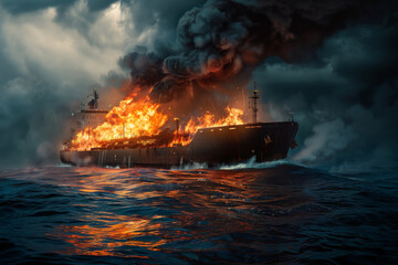 A ship carrying oil is engulfed in flames, billowing thick smoke into the sky as it sits ablaze in the vast expanse of the ocean. - obrazy, fototapety, plakaty