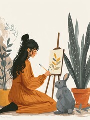 Artistic Affirmation: Girl and Pet Rabbit Painting Scenery Generative AI
