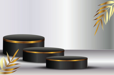 Minimal black scene with golden lines. Cylindrical gold and black podium on a black background. 3D stage for displaying a cosmetic product
