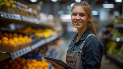 A professional young woman with a welcoming smile stands in a supermarket aisle, holding a tablet, ready to assist or manage inventory in the fresh produce section.