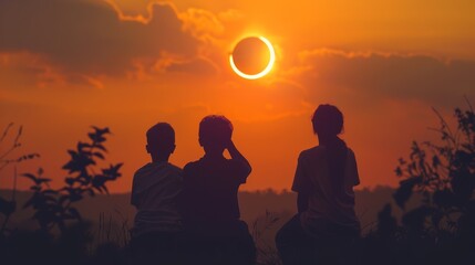 Family interaction during solar eclipse. Eclipse observation and family connection concept - obrazy, fototapety, plakaty