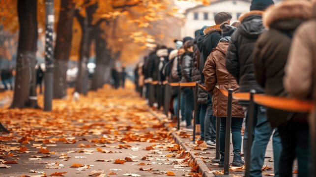European people queue on street outside.