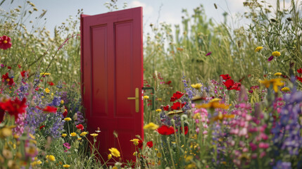 Door stands in a beautiful field of flowers. - obrazy, fototapety, plakaty