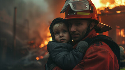 A fireman saves a little boy from a fire. A fireman holds a child in his arms against the backdrop of a burning house. - obrazy, fototapety, plakaty