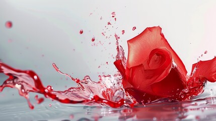Red rose with water splash on grey background. Macro shot with copy space. Love and romance concept
