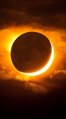 Solar eclipse with visible corona on a cloudy sky. Close-up photography. Astronomy and science concept