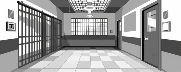 Prison corridor illustration for design. - obrazy, fototapety, plakaty