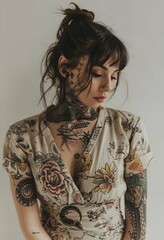 Beautiful young woman with tattoos. Fashion woman with creative style. Modern fashion portrait of bold girl with make-up, floral dress
