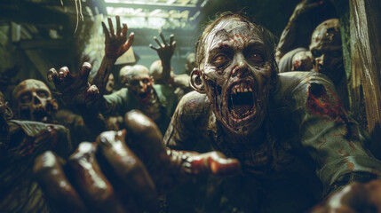 Horrific Zombie Horde in Apocalyptic Scenario - obrazy, fototapety, plakaty