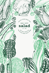 Green Vegetable Design Template. Vector Hand Drawn Healthy Leaf Salad Banner. Vintage Style Menu Illustration. - 777684009