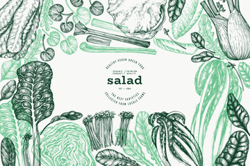 Green Vegetable Design Template. Vector Hand Drawn Healthy Leaf Salad Banner. Vintage Style Menu Illustration. - 777684029