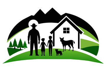 A logo depicting a family and animals in a countryside setting near two rural accommodation houses for tourists 