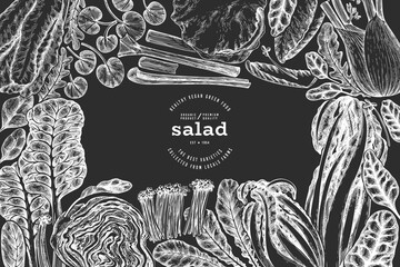 Green Vegetable Design Template. Vector Hand Drawn Healthy Leaf Salad Banner. Vintage Style Menu IllustrationOn Chalk Board. - 777684046