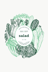 Green Vegetable Design Template. Vector Hand Drawn Healthy Leaf Salad Banner. Vintage Style Menu Illustration. - 777684092
