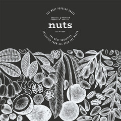 Hand Drawn Nuts Branch And Kernels  Template. Organic Seed Vector Design. Retro Chalk Board Nut Illustration.