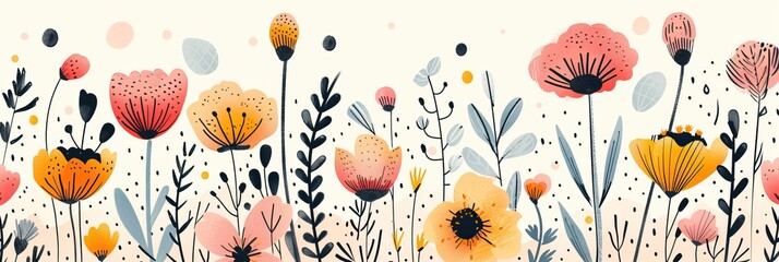 Hand-drawn scribble floral collection, editable stroke doodles of wildflowers and abstract elements - obrazy, fototapety, plakaty