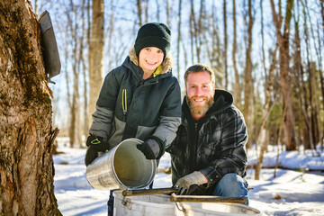 sugar shack, father and child having fun at mepla shack forest collect maple water