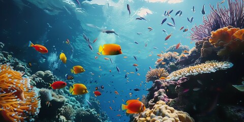 Fototapeta na wymiar School of Fish Swimming Over Coral Reef