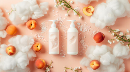 Body lotion pump bottles surrounded by clouds, peaches and lily of the valley flowers on a peach background.