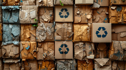 Pressed cardboard blocks with a recycling sign.