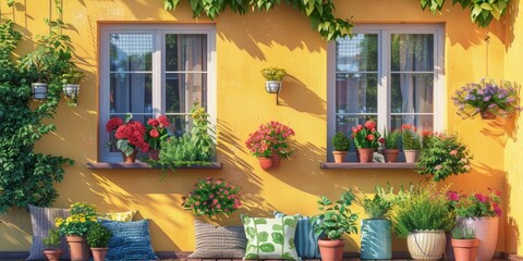 Fototapeta na wymiar Yellow House With Potted Plants