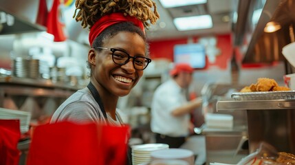 Photo of smiling young stuff aprons selling in fast food restaurant, African American woman
