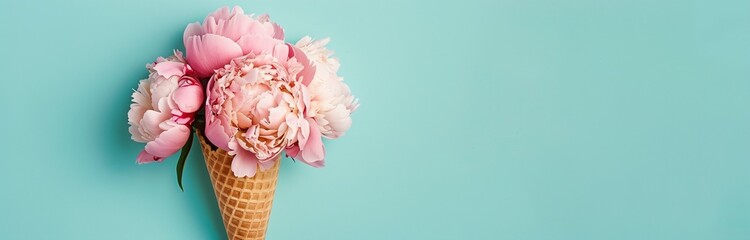 beautiful bouquet of pink flowers in ice cream cone isolated on solid background 