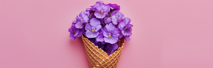 little violets in a small bouquet in ice cream cone isolated on pink background