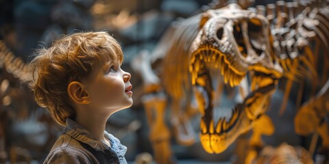 Fototapeta na wymiar Young Boy Marvels at Dinosaur Skeleton in Natural History Museum