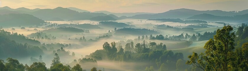 Misty valley at sunrise, gentle light, wide shot, layers of beauty , realistic image - obrazy, fototapety, plakaty