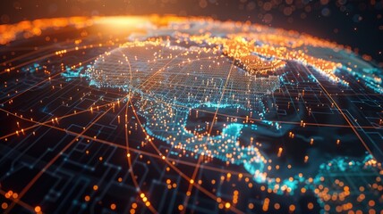 global map with glowing lines and nodes illustrating an international optical fiber network, highlighting underwater cables