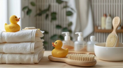 eco-friendly baby bath products, including a bamboo bath brush and organic cotton towels, with rubber ducks and bath toys for a fun bath time