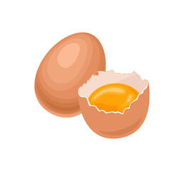 Chicken eggs isolated on white background. Whole and half of egg with yolk in eggshell. Vector cartoon illustration.