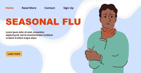 Cold and flu symptoms flat illustration banner. Throat cancer concept landing page. - 777686227