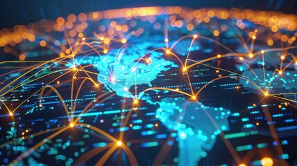 global map with glowing lines and nodes illustrating an international optical fiber network, highlighting underwater cables