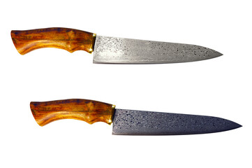 Damascus steel multi-layer knife forged by hand, acid etching with wooden handle (knife used by chefs) - on isolated transparent background.
