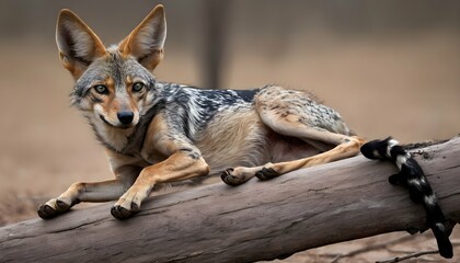 A-Jackal-With-Its-Paws-Resting-On-A-Fallen-Branch- - obrazy, fototapety, plakaty