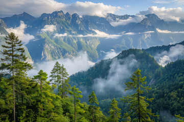 A panoramic view of the high mountains and dense forests, mountain range in late spring, fluffy white clouds against a backdrop of lush greenery - Powered by Adobe