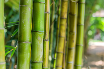Close up of green bamboo tree trunks in a garden, with a natural background
