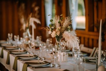Valmiera, Latvia - Augist 13, 2023 - Elegant wedding table setting with white linens, black plates, clear glasses, and a natural floral centerpiece with pampas grass in a wood-paneled venue.