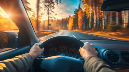Driver's perspective of a scenic road trip through a forested highway with autumn colors, capturing the essence of exploration and freedom. - obrazy, fototapety, plakaty