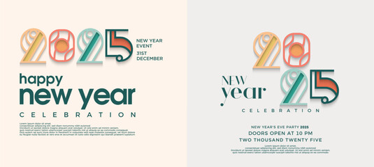 Two Sets of Happy New Year 2025. Celebration vector design with unique and beautiful line numbers. Design with meaning for calendars, cards and social media posts. - obrazy, fototapety, plakaty