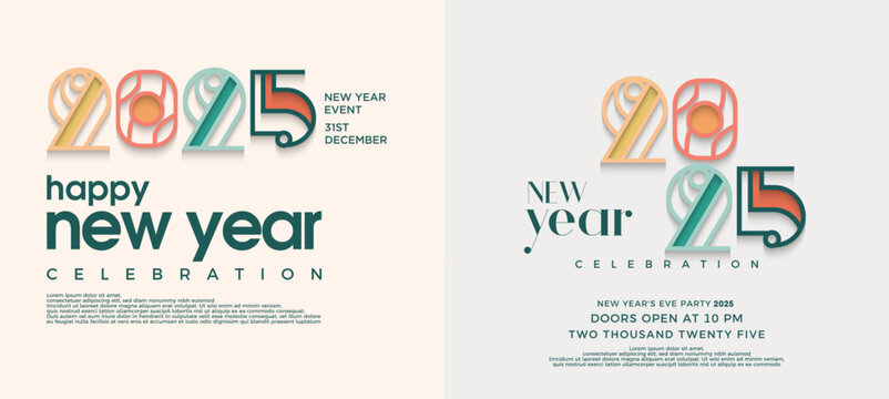 Two Sets of Happy New Year 2025. Celebration vector design with unique and beautiful line numbers. Design with meaning for calendars, cards and social media posts.