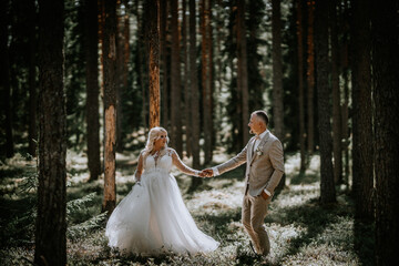Valmiera, Latvia - Augist 13, 2023 - A bride and groom walk hand in hand through a pine forest,...