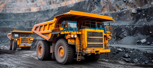 Massive Mining Trucks in Action. Huge yellow mining trucks loaded with stones at an open-pit mine.