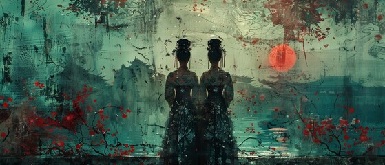 A pair of Chinese dolls trapped in servitude, longing for freedom and autonomy - obrazy, fototapety, plakaty