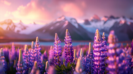 Landscape of blooming lupin flowers on mountains and turquoise lake background at sunset